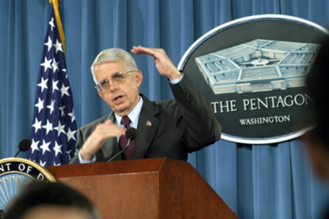 Director of the Iraq Program Management Office David Nash briefs reporters in the Pentagon on the progress of reconstruction efforts in Iraq on May 24, 2004. Nash updated reporters on $5 billion in contracts for electricity, security, water, transportation and communications in Iraq. 