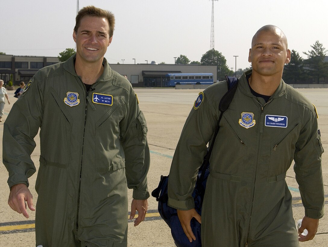 MCGUIRE AIR FORCE BASE, N.J. -- New York Mets pitcher Al Leiter (left) and Senior Airman Chardo Richardson team up for the first part of a "job swap," where Mr. Leiter will become a boom operator for the day.  Airman Richardson will trade places with Mr. Leiter on June 22 to become a Met for a day.  The job swap is part of a Major League Baseball production for a Fox television program, "This week in Baseball."  Airman Richardson is a boom operator with the 32nd Air Refueling Squadron here.  (U.S. Air Force photo by Kenn Mann)