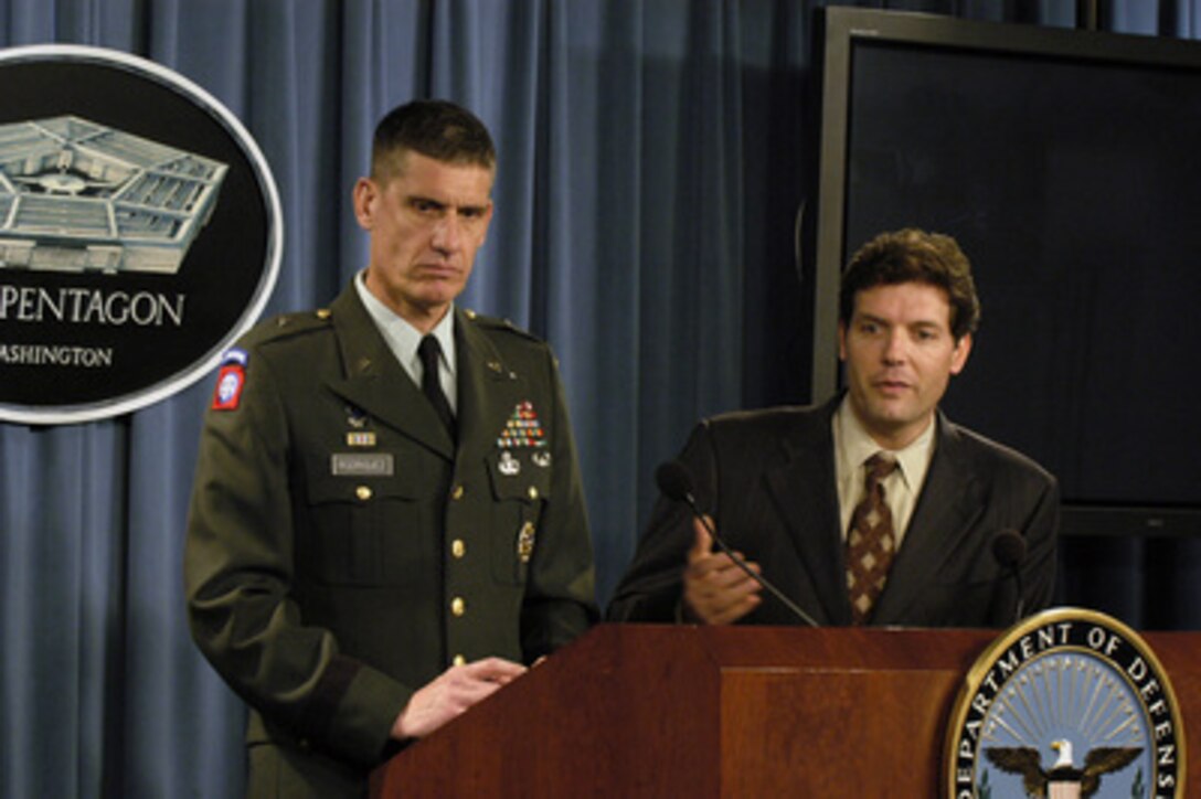 Principal Deputy Assistant Secretary of Defense for Public Affairs Larry Di Rita responds to a reporter's question during an operational update at the Pentagon on May 26, 2004. Di Rita and Joint Staff Deputy Director of Operations Brig. Gen. David Rodriguez, U.S. Army, briefed reporters on operations in Iraq and humanitarian action on the border of Haiti and the Dominican Republic. 