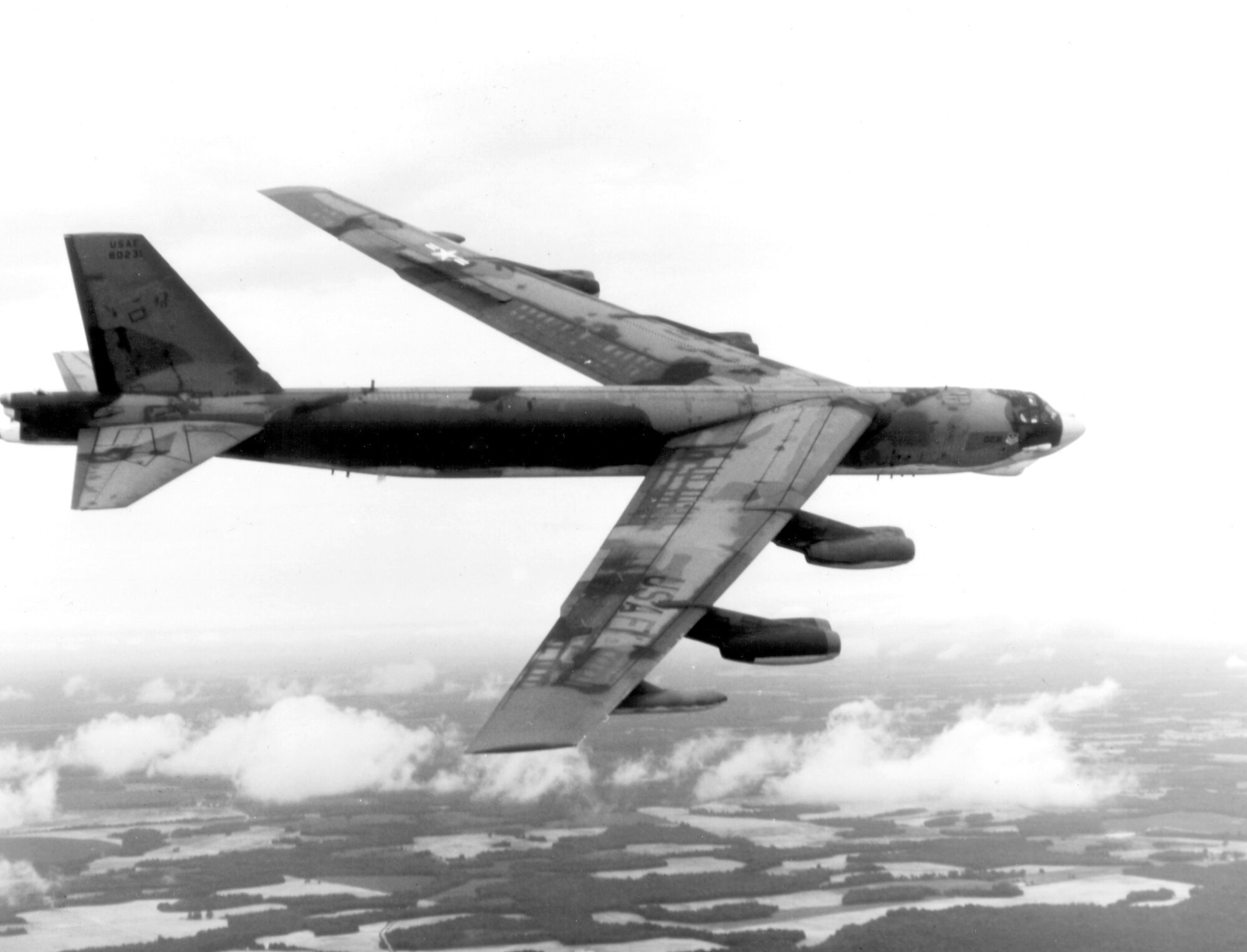 1970's -- A B-52G Stratofortress banks to the right near Seymour Johnson AFB, N.C., during Global Shield 79. The exercise was the largest and most comprehensive Strategic Air Command exercise in more than 20 years, and was launched worldwide in July 1979.

