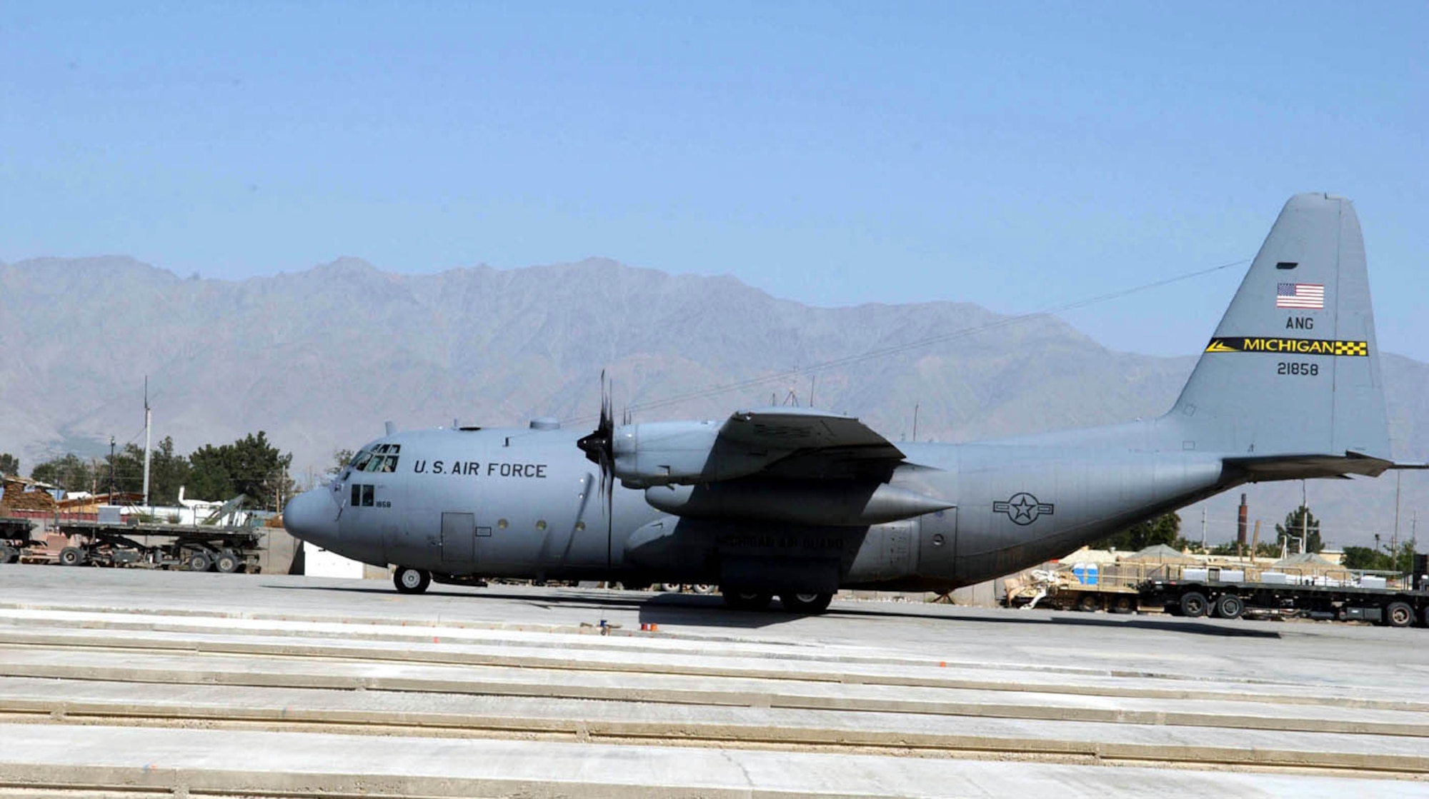 BAGRAM AIR BASE, Afghanistan -- An American-South Korean engineering project will make it easier for larger-frame aircraft, like this C-130 Hercules from the Michigan Air National Guard, to maneuver in and out of here.  (U.S. Air Force photo by Master Sgt. Jeff Szczechowski)              