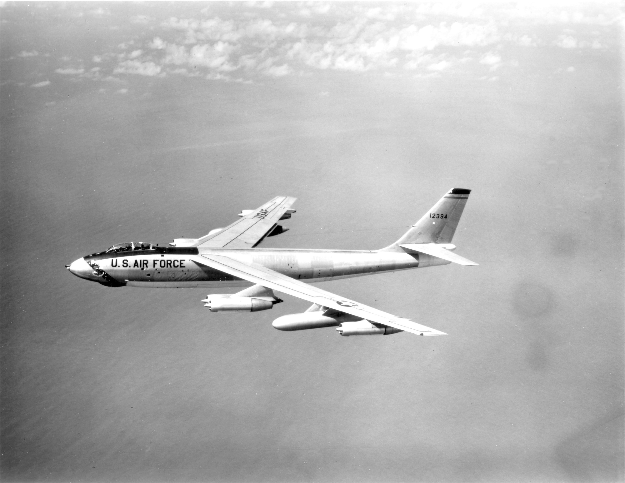 1950's -- An overall view  of a Boeing B-47 Stratojet aircraft in flight.