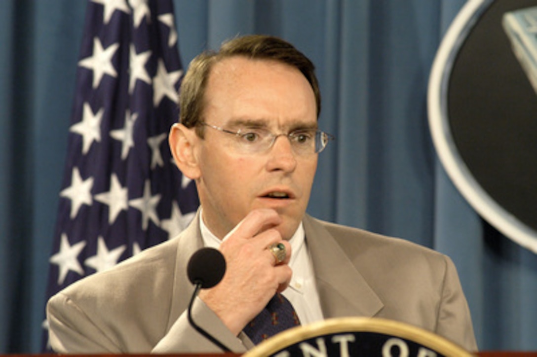 Assistant Secretary of the Navy for Research, Development and Acquisition John Young briefs reporters at the Pentagon on the new class of Navy ships known as Littoral Combat Ships (LCS) on May 27, 2004. Young announced the awarding of contracts to Lockheed Martin Corporation, Maritime Systems & Sensors in Moorestown, N.J., and General Dynamics' Bath Iron Works in Bath, Maine, to produce two prototype ships each. The new vessels will be fast, agile, and networked surface combatants featuring modular, focused-mission, weapon and sensor packages. They will be able to deploy the latest in manned and unmanned vehicles to perform intelligence gathering, surveillance and reconnaissance missions. The prototype ships will undergo extensive testing before decisions are made regarding production contract awards. 