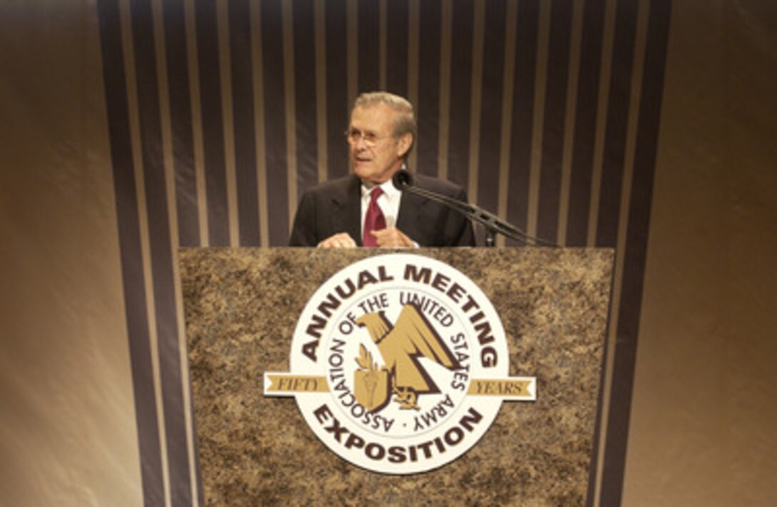 Secretary of Defense Donald H. Rumsfeld speaks to the Association of the United States Army annual meeting at the Washington, D.C., Convention Center on Oct. 27, 2004. 