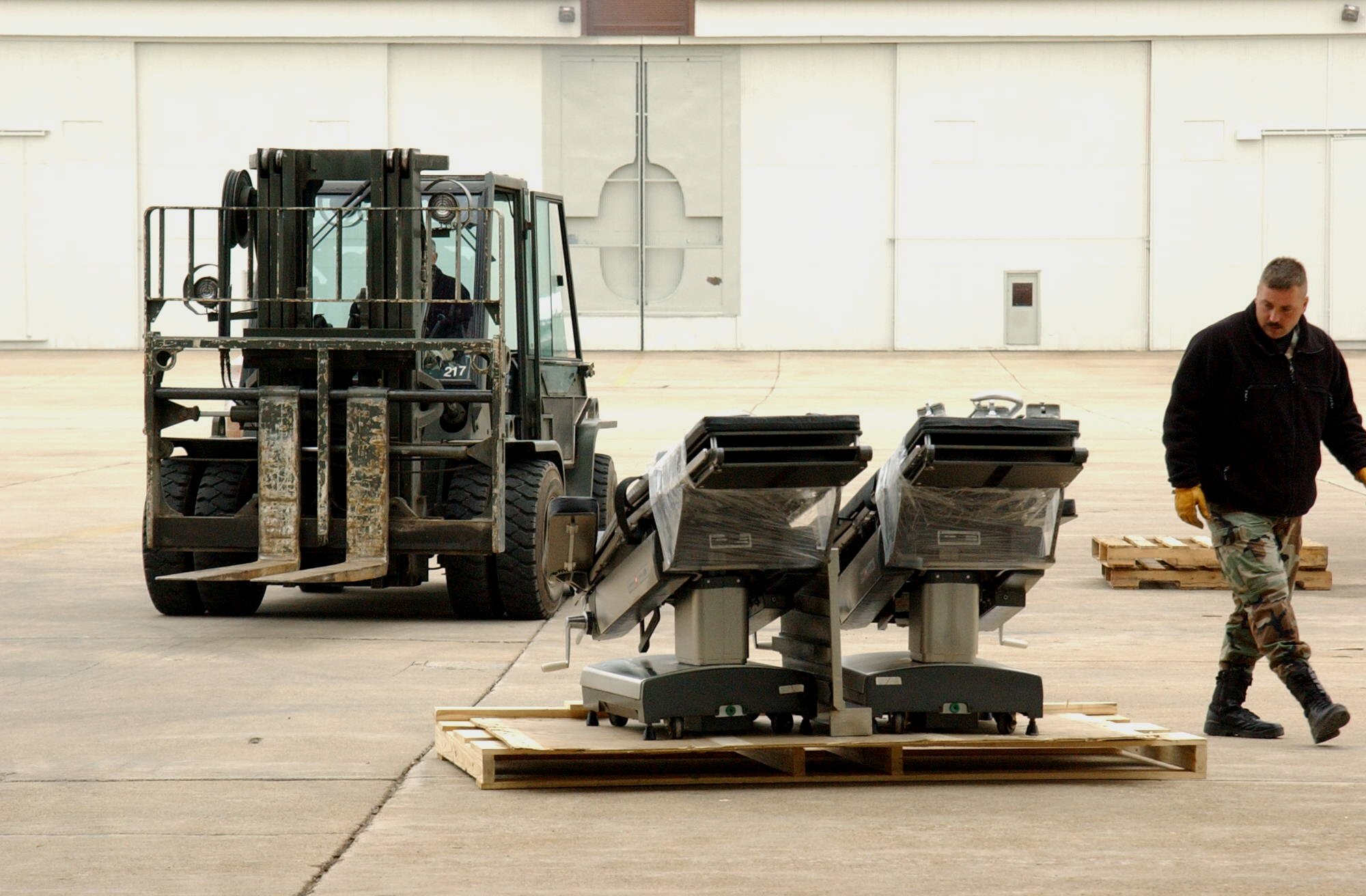 PLATTSBURGH, N.Y. -- A pair of operating tables at the closed Air Force base here are ready for crating and shipping.  Airmen from New York's Stratton Air National Guard Base helped prepare equipment taken from the closed base hospital for transport by sea to Nicaragua. (U.S. Air Force photo by Staff Sgt. Mike R. Smith)