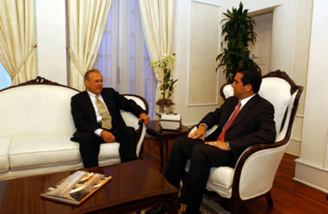 Secretary of Defense Donald H. Rumsfeld (left) meets privately with Panamanian President Martin Torrijos at the Presidential Palace in Panama City, Panama, on Nov. 13, 2004. Rumsfeld is in Panama to show his support for the regional naval cooperation (Enduring Friendship) and regional cooperation in securing the Panama Canal from terrorist attack. Rumsfeld and 33 more defense ministers from throughout the Western Hemisphere will assemble in Quito, Ecuador, on November 15th for the Defense Ministerial of the Americas conference which will focus on strengthening the inter-American security system. 