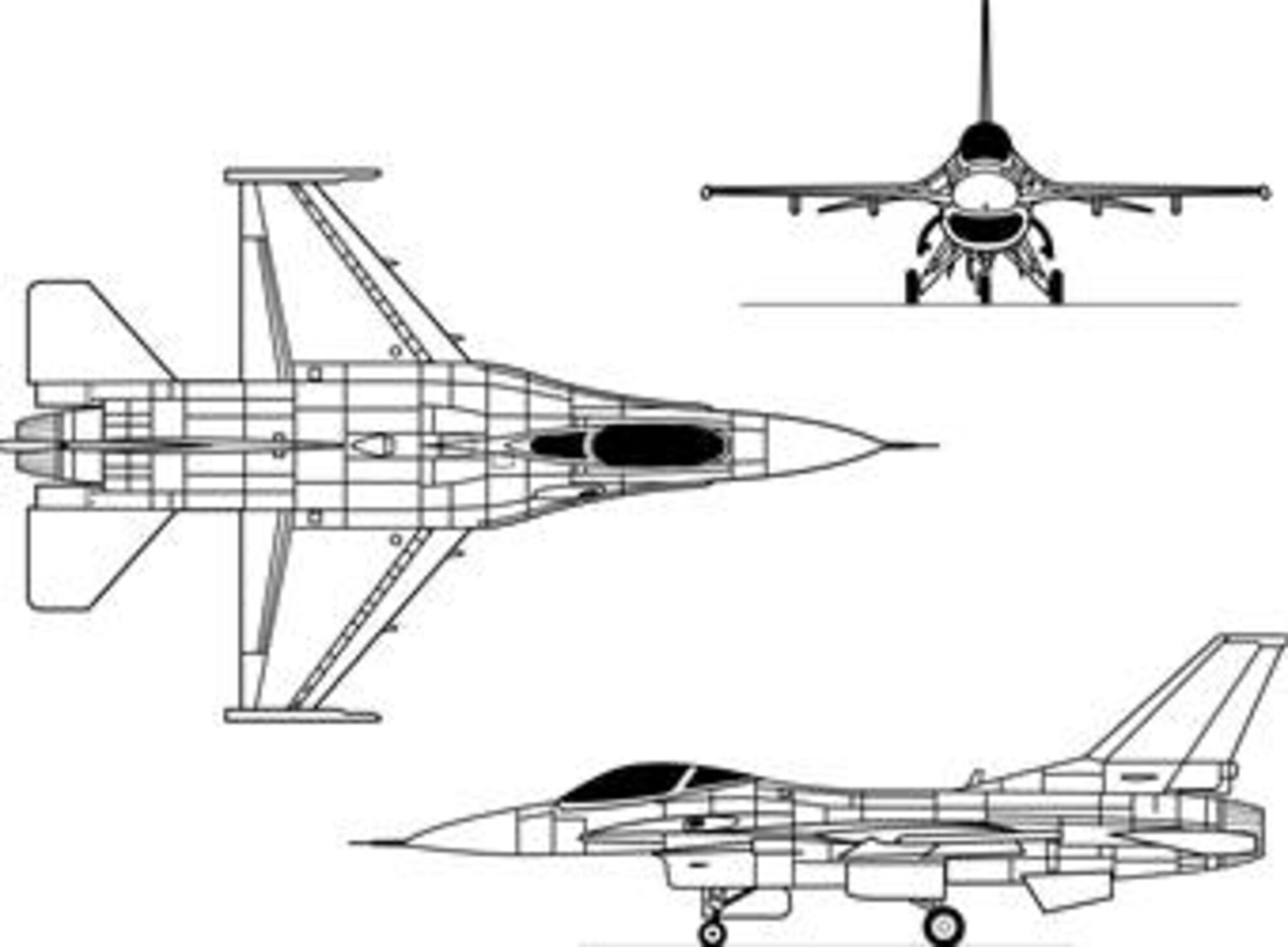 The F-16A evolved from a 1972 USAF Lightweight Fighter (LWF) prototype program which sought a small, lightweight, low cost, air superiority day fighter designed for high performance and ease of maintenance. (b/w), Graphic courtesy of NASA 
