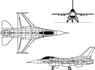 The F-16A evolved from a 1972 USAF Lightweight Fighter (LWF) prototype program which sought a small, lightweight, low cost, air superiority day fighter designed for high performance and ease of maintenance. (b/w), Graphic courtesy of NASA 
