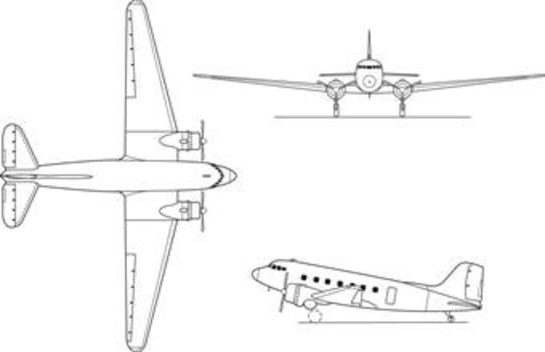 C-47, The Army Air Forces used to transport personnel and cargo and, in a combat role, for towing troop-carrying gliders and dropping paratroopers into enemy territory as during the invasions of Sicily in 1943 and of Burma and France in 1944. (b/w), Graphic courtesy of NASA 