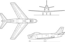 F-86F, with higher thrust engines and solid leading edge wings. USAF's first swept-wing jet fighter, made its initial flight on October 1, 1947. (b/w), Graphic courtesy of NASA 

