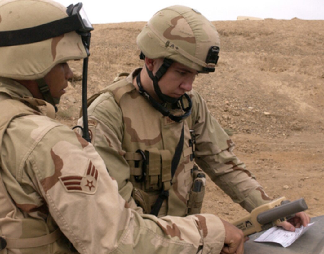 Air Force Staff Sgt. Michael Huffman and Senior Airman Ricky Williams acquire Global Positioning Systems coordinates for an air strike mission in Ad Dwr, Iraq, on Nov. 10, 2004. Huffman and Williams are Tactical Air Control Party members from Detachment 1, 2nd Air Support Operations Squadron, attached to 1st Battalion, 4th Cavalry Regiment, 1st Infantry Division. Tactical air control party personnel are conducting close air support missions for terrain denial to anti-coalition forces. 