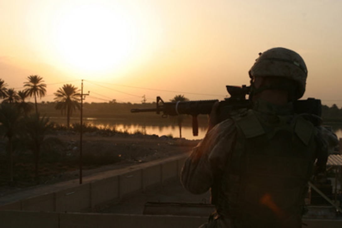 U.S. Marines patrol south towards a palm grove clearing every house on their way in Al Fallujah, Iraq, during Operation al Fajr (New Dawn) on Nov. 15, 2004. The Marines, assigned to 3rd Battalion, 5th Marine Regiment, 1st Marine Division, are searching each house for insurgents and weapons caches. 