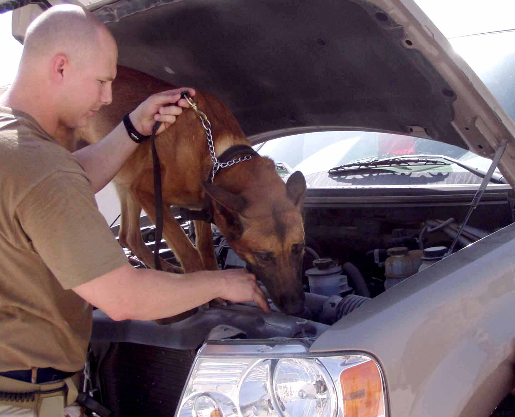 SOUTHWEST ASIA -- Military working dog handler Staff Sgt. Edward Canell watches on as his partner, Rico, sniffs an engine block for explosives. Both are deployed from Buckley Air Force Base, Colo.  (U.S. Air Force photo by Capt. Mae-Li Allison)
 