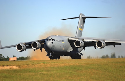 NORTHFIELD AIR BASE, S.C. - A C-17 Globemaster III from the 437th Airlift Wing at Charleston Air Force Base, S.C., performs a combat landing during an incentive flight here recently.  (U.S. Air Force photo by Staff Sgt. Matthew Hannen)