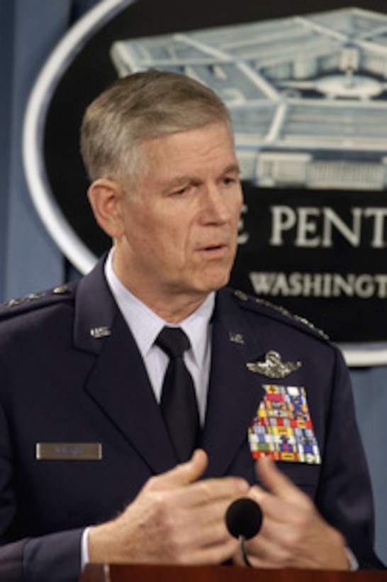 Chairman of the Joint Chiefs of Staff Gen. Richard B. Myers, U.S. Air Force, responds to a reporter's question during a Pentagon press briefing on Nov. 23, 2004. Myers joined Secretary of Defense Donald H. Rumsfeld to provide reporters with an operation update. 
