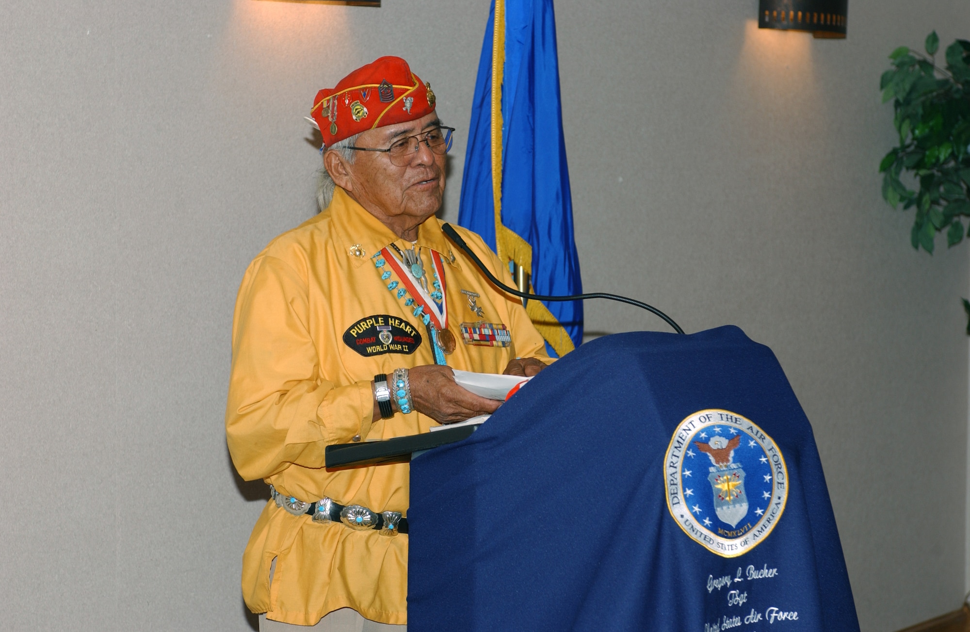 CANNON AIR FORCE BASE, N.M. -- Former Marine Gunnery Sgt. Teddy Draper Sr., a Navajo Code Talker, tells about his experiences on the beaches of Iwo Jima during World War II.  (U.S. Air Force photo by Amn. Brian Ellis)