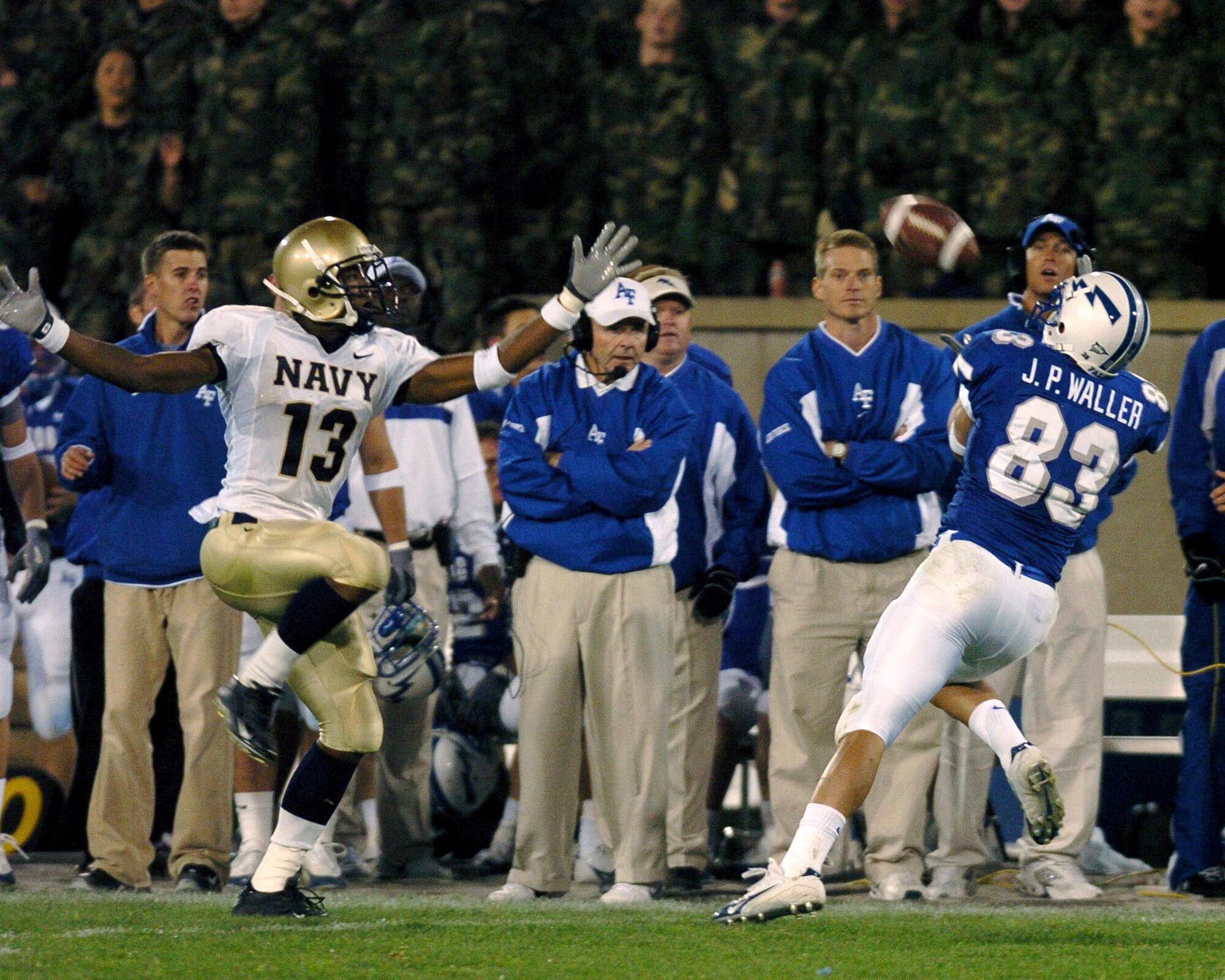 U.S. AIR FORCE ACADEMY, Colo. -- Air Force wide receiver J.P. Waller beats a Navy defensive back on a long pass, but it was not enough to win the game here Sept. 30.  Navy beat Air Force 24-21.  Waller had more than 100 yards receiving on the night.  (U.S. Air Force photo by David Armer)