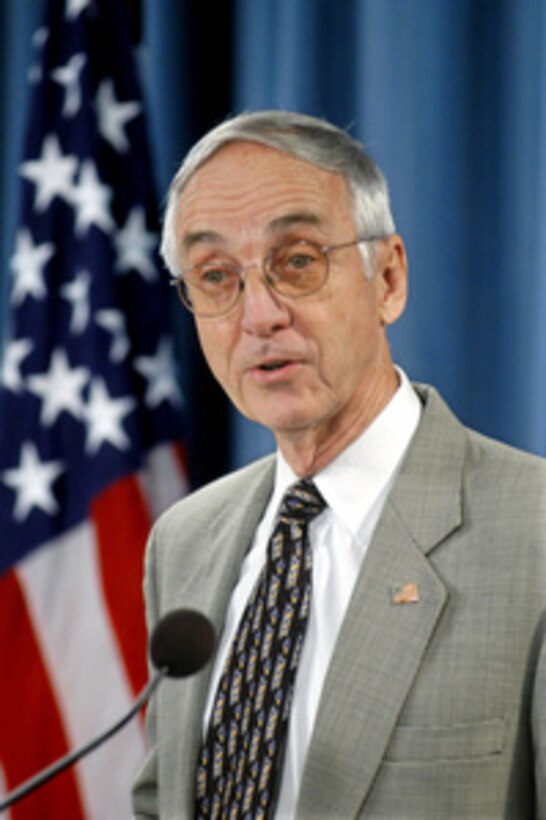 Secretary of the Navy Gordon England conducts a Pentagon press briefing to give reporters a progress report on the combatant status review tribunals being held at Guantanamo Bay Naval Station, Cuba, on Oct. 1, 2004. England said the hearings were proceeding normally and should be completed by the end of this year. 