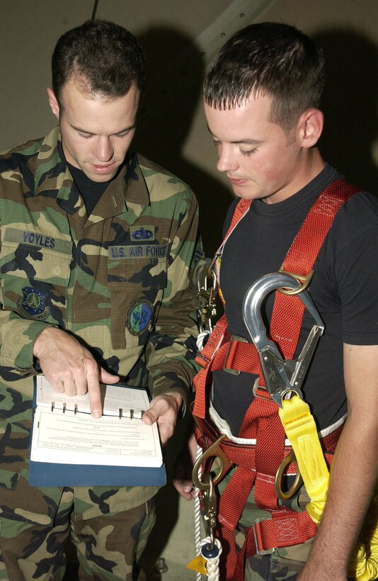 ORCUTT, Calif.  -- Staff Sgt. Erik Voyles (left) reviews work cards with Airman 1st Class Christopher Garret before performing preventative maintenance inspections on the next generation weather radar located on New Love Hill here.  Both Airmen are ground radar systems maintenance technicians assigned to the 30th Space Communications Squadron at Vandenberg Air Force Base, Calif.  (U.S. Air Force photo by Airman 1st Class Jennifer Haas)