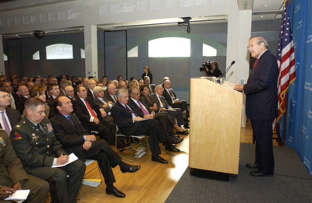 Secretary of Defense Donald H. Rumsfeld speaks to the Council on Foreign Relations at the Harold Pratt House in New York City on Oct. 4, 2004. Rumsfeld provided an update on the global war on terrorism to approximately 400 members and guests at the event. 