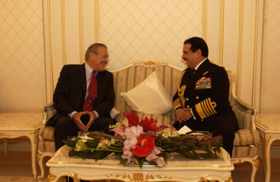 Secretary of Defense Donald H. Rumsfeld (left) meets with Crown Prince Salman bin Hamad al Khalifa in the Gudaibiya Palace in Manama, Bahrain, on Oct 9, 2004. Rumsfeld is in Bahrain for a bi-lateral meeting with the Crown Prince. 