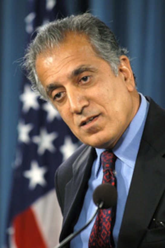 U.S. Ambassador to Afghanistan Zalmay Khalilzad responds to a reporter's question during a Pentagon press conference on Oct. 15, 2004. 