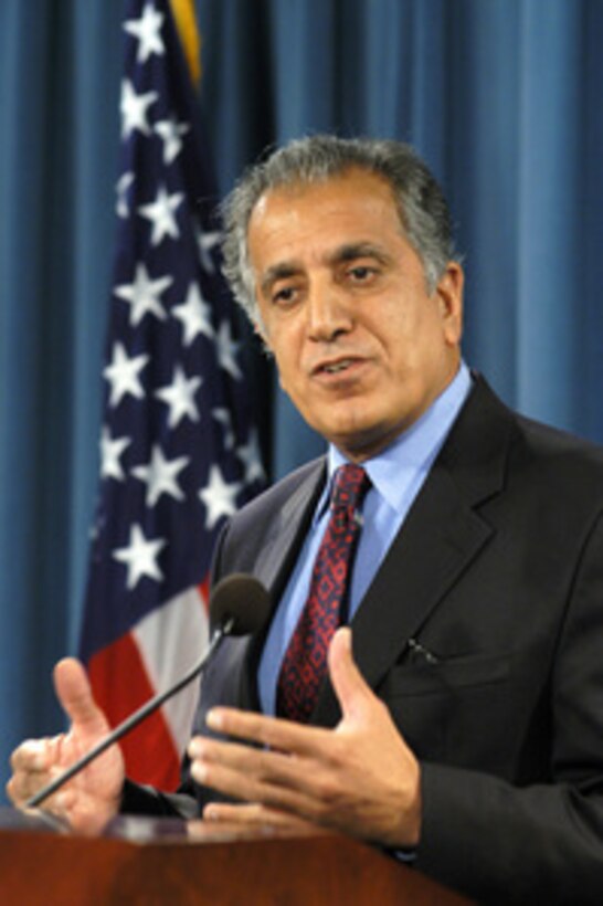 Zalmay Khalilzad, the U.S. ambassador to Afghanistan, conducts a Pentagon press conference on Oct. 15, 2004. 