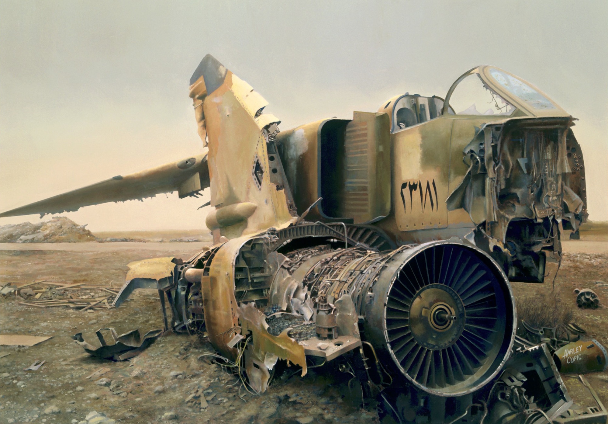 WASHINGTON -- "Iraqi FOD" is a 34-by-48 inch oil painting. It depicts the wreckage of an Iraqi MiG 23 and engine at Tallil Air Base, Iraq, in April 2003 during Operation Iraqi Freedom.  The artwork is among 200 pieces being donated to the Air Force.  (U.S. Air Force painting by Harley Copic)