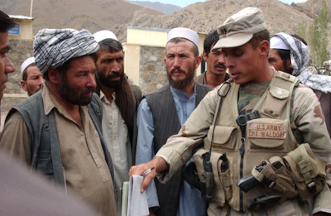 Army Capt. Waldorf talks with village leaders during an assessment of construction projects in Wardak, Afghanistan, by the Ghazni Provincial Reconstruction Team on Aug. 24, 2004. The reconstruction teams coordinate the construction of schools, wells, and hospitals to assist in coalition forces' efforts to rebuild Afghanistan. 