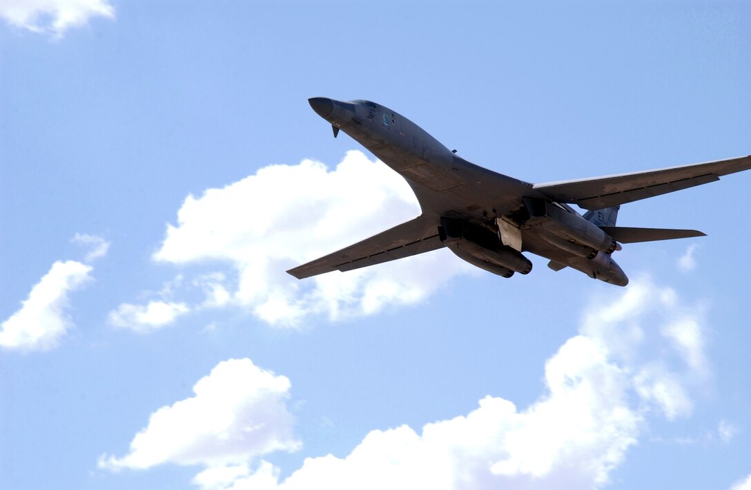 DAVIS-MONTHAN AIR FORCE BASE, Ariz. -- Workers from the Aerospace Maintenance and Regeneration Center here and maintainers from the 654th Combat Logistics Support Squadron at Tinker Air Force Base, Okla., have regenerated the first B-1B Lancer.  After two months of flight preparations, the B-1B took off Sept. 2 for Dyess AFB, Texas.  The Lancer, Serial No. 86-0097, entered storage at the center in April 2003 under the Air Force's B-1B consolidation plan.  In early 2004, the commander of Air Combat Command directed the recall of this B-1B to supplement fleet requirements supporting the war on terrorism.  (U.S. Air Force photo by Terry D. Vanden-Heuvel)