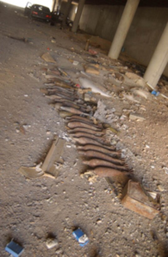 A Muqtada Militia weapons cache found by U.S. Marines in a parking garage near the Imam Ali Shrine in An Najaf, Iraq, on Aug. 26, 2004. 