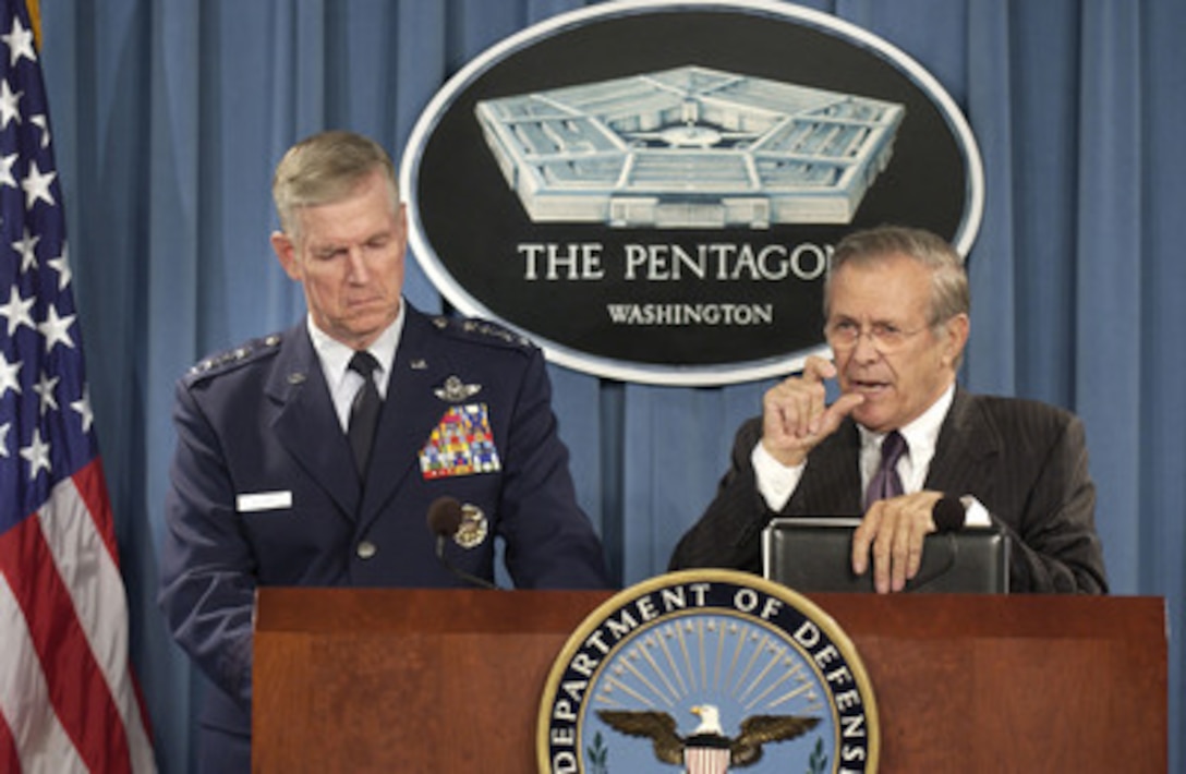 Secretary of Defense Donald H. Rumsfeld responds to a reporter's question during a Pentagon press briefing on Sept. 7, 2004. Rumsfeld and Chairman of the Joint Chiefs of Staff Gen. Richard B. Myers provided an update on the global war on terror. 