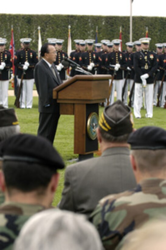 Sen. Daniel K. Inouye, (D) Hawaii, addresses the audience during the National POW/MIA Recognition Day Ceremony on Sept. 14, 2004. Inouye was the guest speaker at the event hosted by Deputy Secretary of Defense Paul Wolfowitz and Chairman of the Joint Chiefs of Staff Gen. Richard B. Myers, U.S. Air Force. 