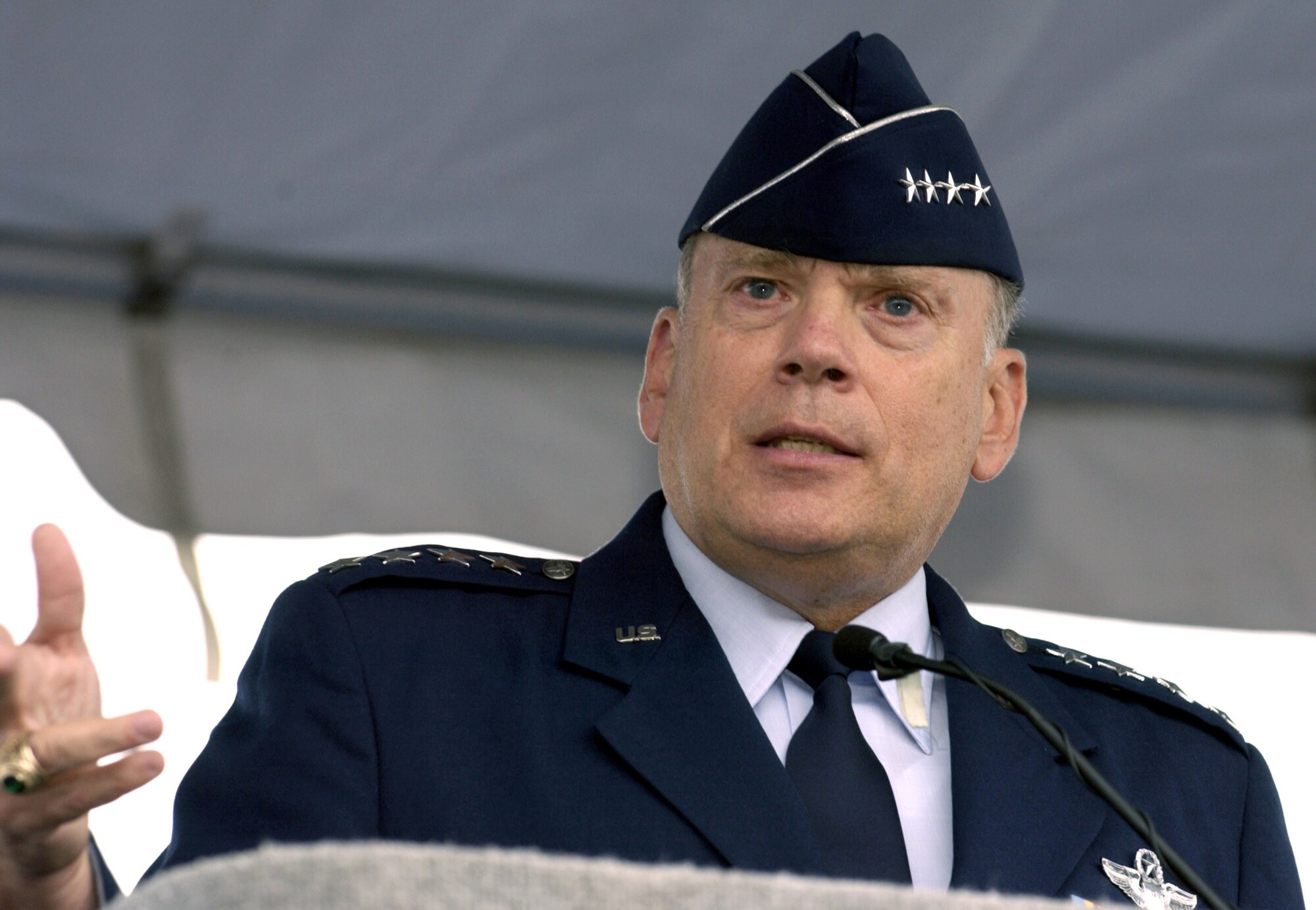 ARLINGTON, Va. -- Air Force Chief of Staff Gen. John P. Jumper addresses hundreds of people gathered for the official groundbreaking and site dedication ceremony on the site of the future national Air Force Memorial on Sept. 15.  The 270-foot tall memorial is designed to honor all those who have served in the U.S. Air Force and its predecessor organizations.  (U.S. Air Force photo by Master Sgt. Jim Varhegyi)