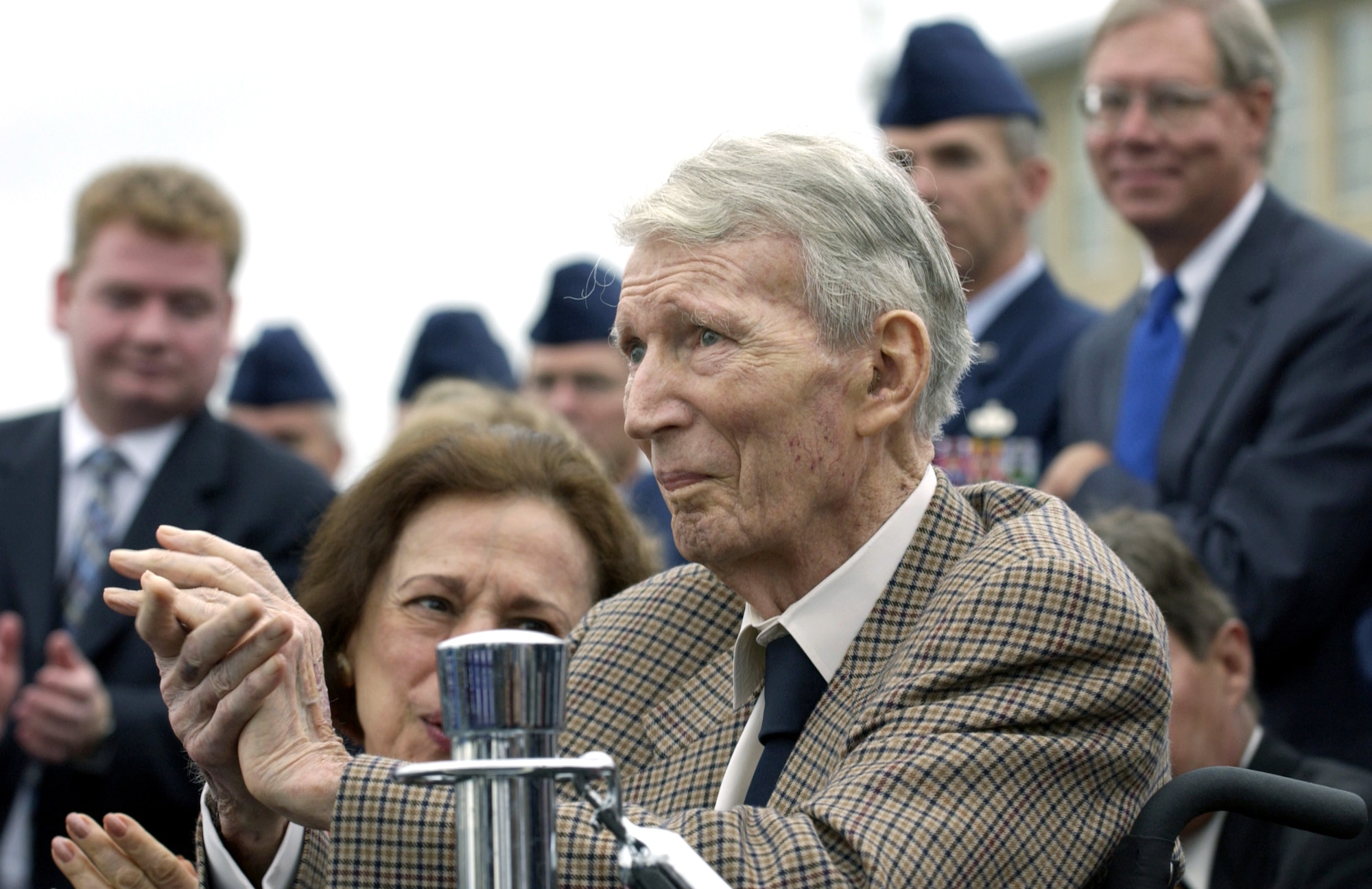 ARLINGTON, Va. -- Retired Gen. Bernard A. Schriever, 94, considered to be the father of the Air Force's ballistic missile program, joined hundreds of people gathered for the official groundbreaking and site dedication ceremony on the site of the future national Air Force Memorial on Sept. 15.  The 270-foot tall memorial is designed to honor all those who have served in the U.S. Air Force and its predecessor organizations.  (U.S. Air Force photo by Master Sgt. Jim Varhegyi)