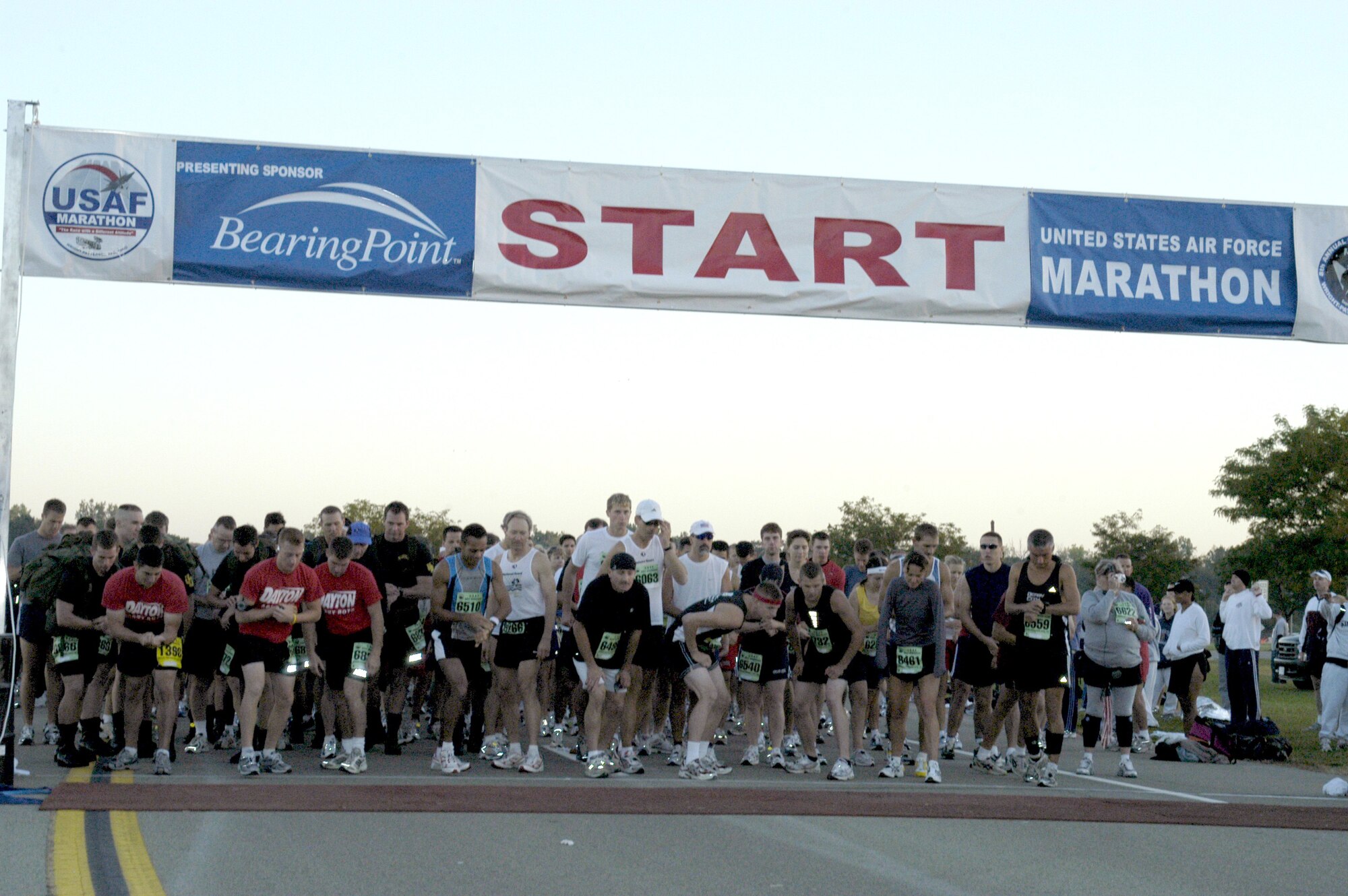 WRIGHT-PATTERSON AIR FORCE BASE, Ohio -- More than 3,800 runners competed in the 8th annual official Air Force Marathon here Sept. 18.  The half-marathon event began just as the sun was coming up, following the full and wheelchair marathon starting horns. The race also included a marathon relay and 5k event.  (Courtesy photo)