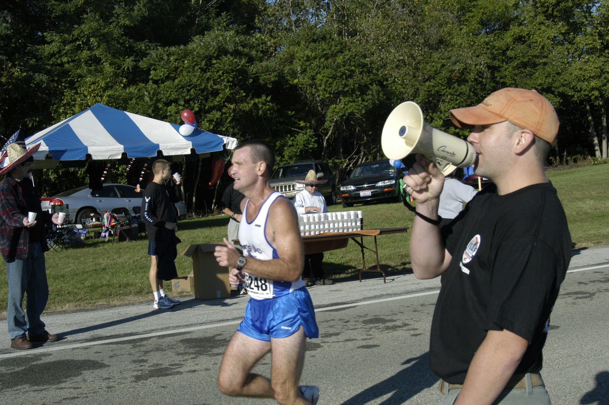 WRIGHT-PATTERSON AIR FORCE BASE, Ohio -- A member of Team Moody approaches the third relay exchange during the 8th annual official Air Force Marathon here Sept. 18.  More than 3,800 runners competed in the marathon.  (U.S. Air Force photo by 1st Lt. Adrianne Michele)
