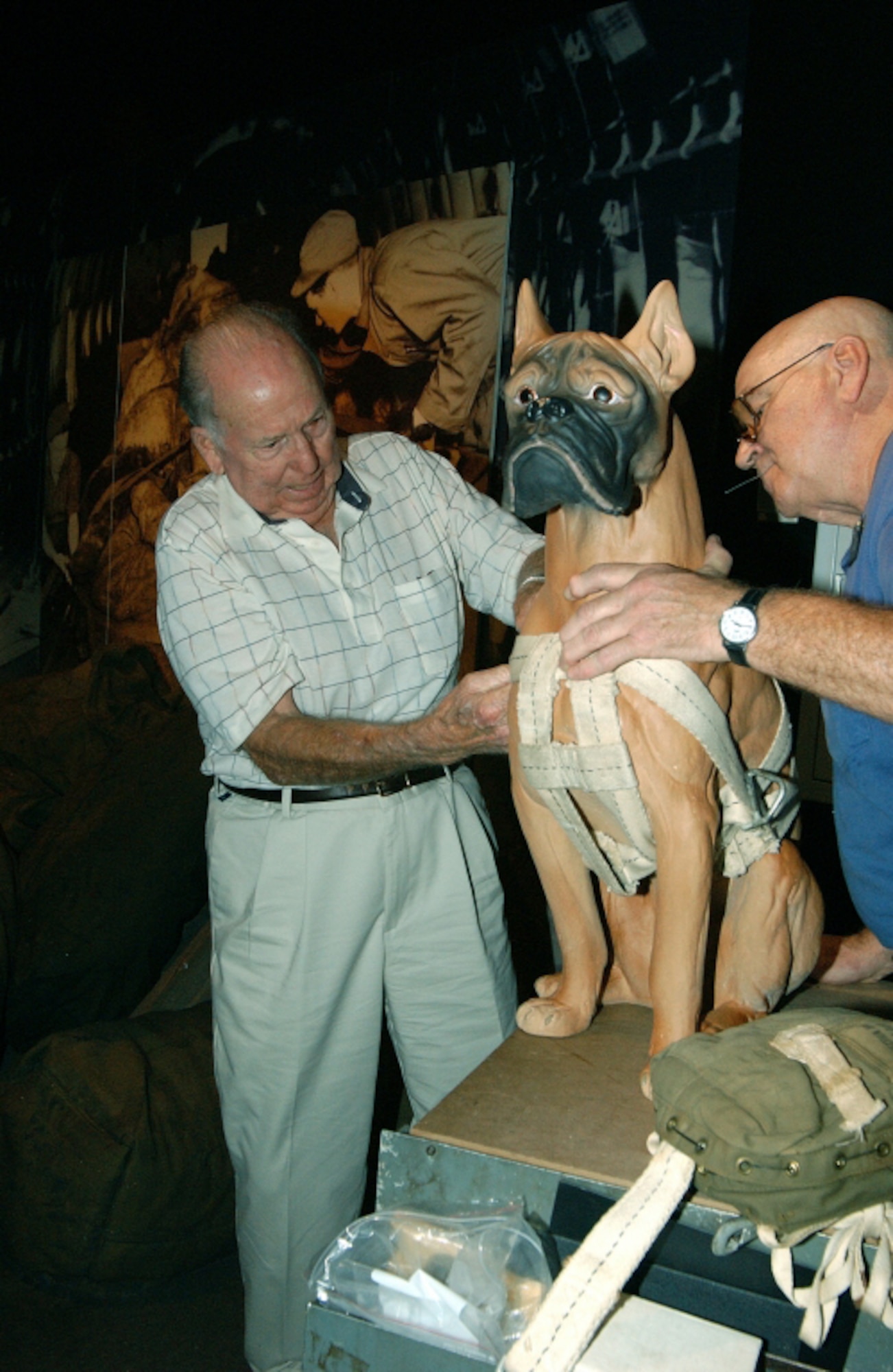 DAYTON, Ohio -- Clarence Steber (left) fastens the parachute he donated to the U.S. Air Force Museum here on the back of a dog mannequin with the help of Jerry Miracle, an exhibits specialist at the museum.  Mr. Steber shared the cockpit on 131 flights with his boxer, Vittles, who was required to wear the parachute.  (U.S. Air Force photo by Jeff Fisher)