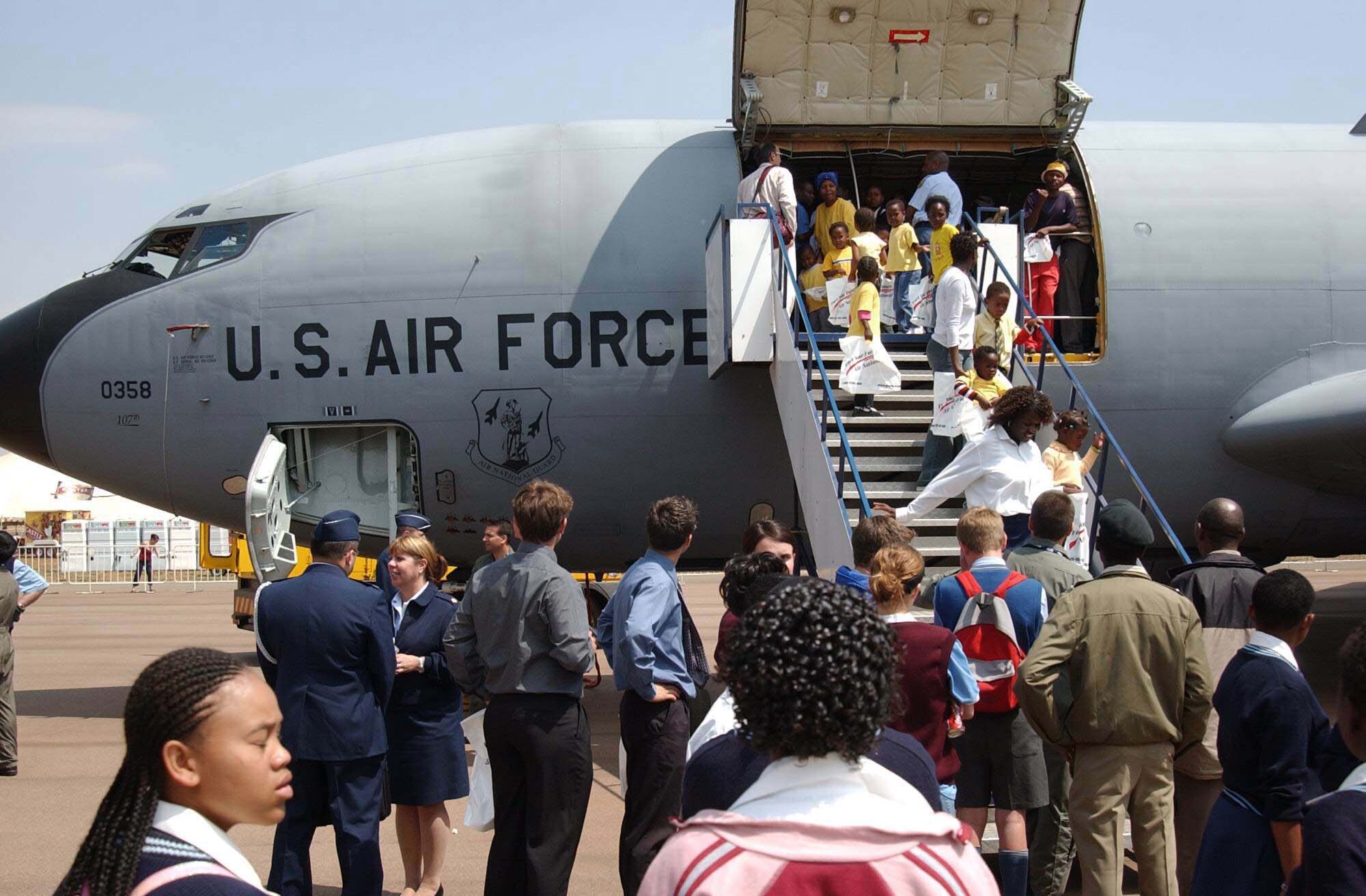 WATERKLOOF AIR FORCE BASE, South Africa -- Crowds attending the South Africa Aerospace Exhibition view a KC-135 Stratotanker deployed from the New York Air National Guard's 107th Air Refueling Wing.  The Guard has C-5 Galaxy, F-16 Fighting Falcon, HH-60G Pave Hawk and KC-135 aircraft on display here.  (U.S. Air Force photo by Staff Sgt. Matt Johnson)