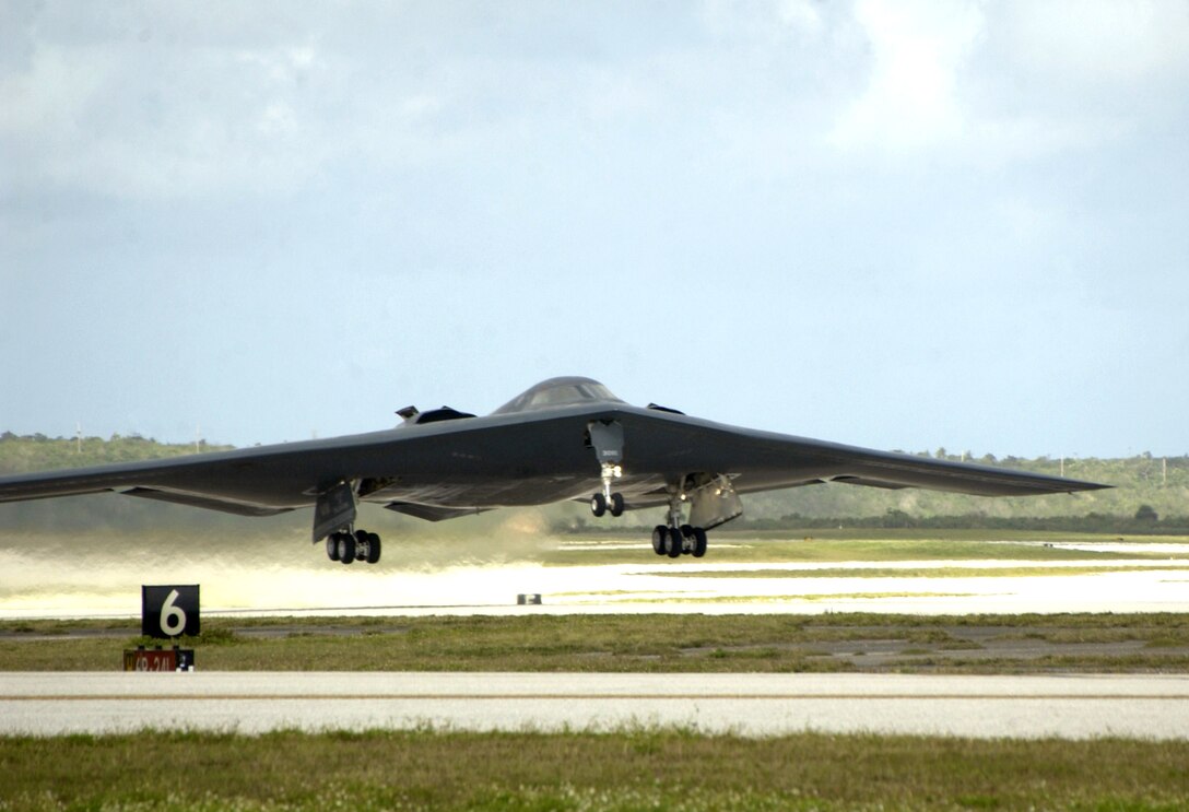 ANDERSEN AIR FORCE BASE, Guam -- A B-2 Spirit stealth bomber takes off from here March 30.  The B-2 Spirits and more than 270 personnel from the 393rd Bomb Squadron at Whiteman Air Force Base, Mo., are deployed here in support of Pacific Command's continuous bomber presence in the Asia-Pacific region.  (U.S. Air Force photo by Airman Miranda U. Moorer)