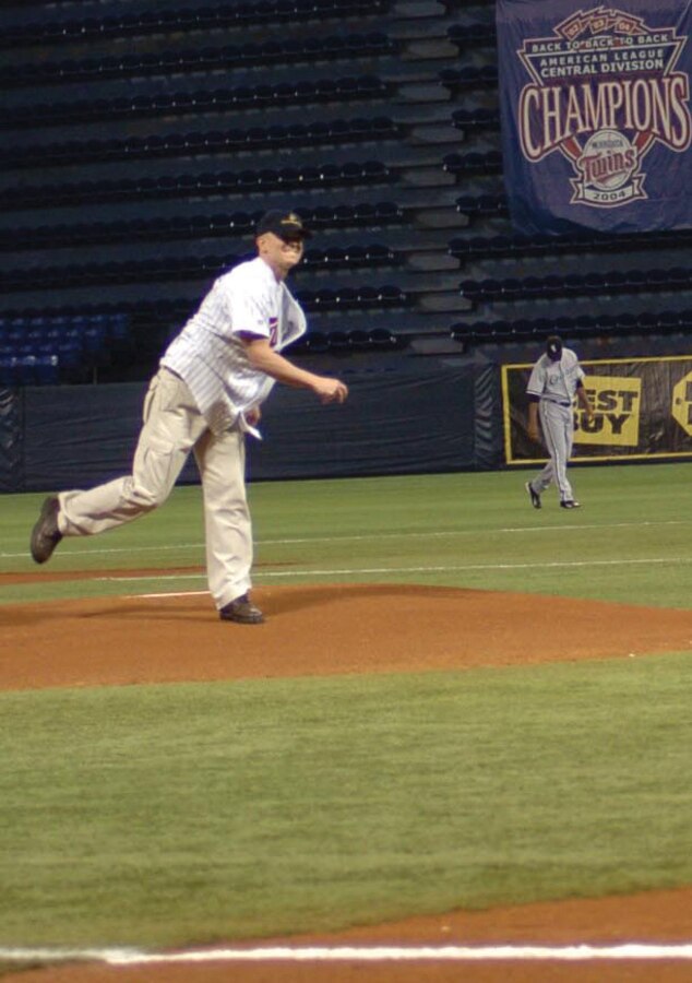 Besides taking batting practice, Stevens threw the first pitch on the Twins' opening night.
