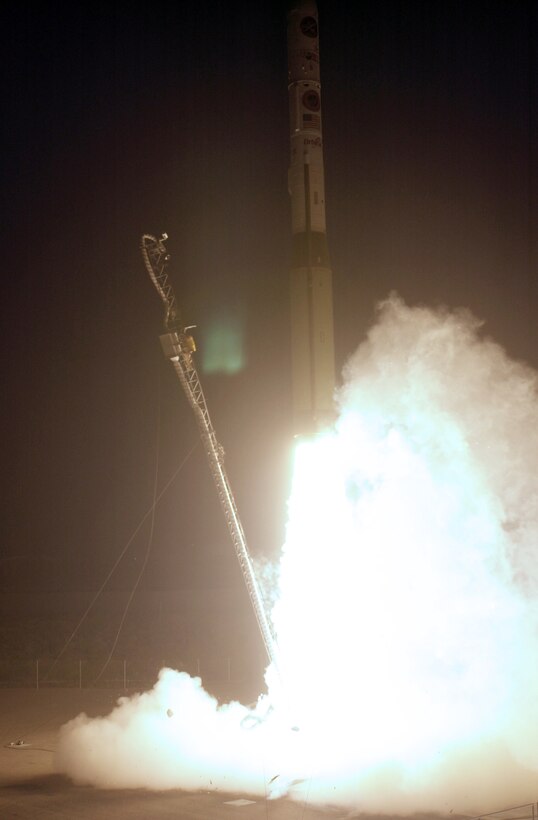 VANDENBERG AIR FORCE BASE, Calif. -- The Orbital Sciences Minotaur rocket successfully launches from here April 11.  The Minotaur carried the XSS-11 self-maneuvering, micro-satellite into orbit for the Air Force Research Laboratory.  (U.S Air Force photo by Steve Cline)