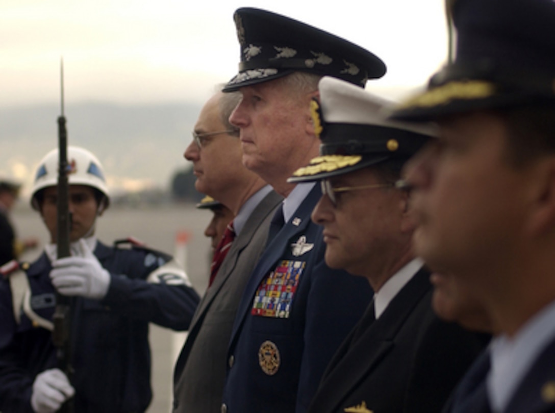 Chairman of the Joint Chiefs of Staff Gen. Richard Myers, U.S. Air Force, is greeted with full military honors upon his arrival at Bogotá, Colombia, on April 10, 2005. Myers will be meeting with military and civilian leadership in Colombia to further military-to-military relations. 