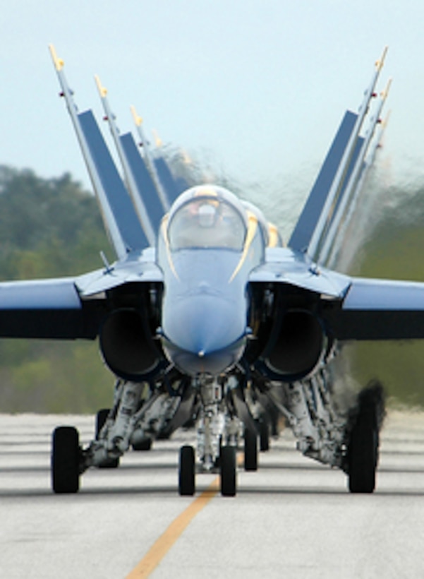 F/A-18A Hornets from the U.S. Navy's flight demonstration team Blue Angels continue their precision show as they taxi back to their flight line after performing before the crowd at the 2005 Coastal Carolina Air Show in Wilmington, N.C., on April 16, 2005. 