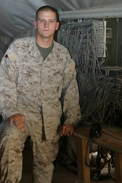 Lance Cpl. Jeremy D. Tolhurst, a 20-year-old native of Detroit, is a field wireman with 8th Communication Battalion, II Marine Expeditionary Force, Headquarters Group, II MEF (FWD).  Before joining the Corps, Tolhurst said he never had the characteristics he has now.   Married for only nine months, Tolhurst misses his wife but has learned confidence and consistency in his job field during his first deployment.
