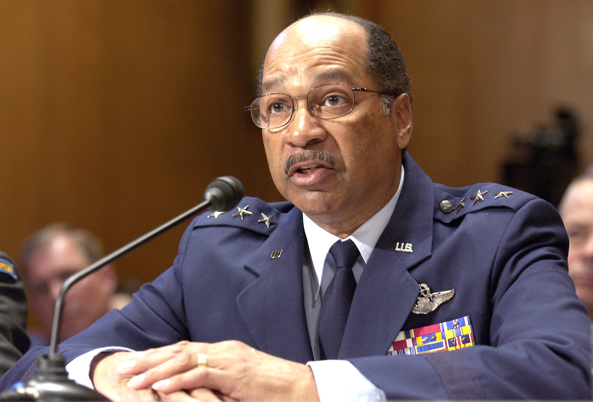 WASHINGTON -- Lt. Gen. Daniel James III, Air National Guard director, answers questions during a hearing of the Senate Appropriations Committee Defense Subcommittee on April 20.  The subcommittee heard testimony to examine proposed budget estimates for the Air National Guard and Air Force Reserve fiscal 2006 budget.  (U.S. Air Force photo by Master Sgt. Jim Varhegyi)