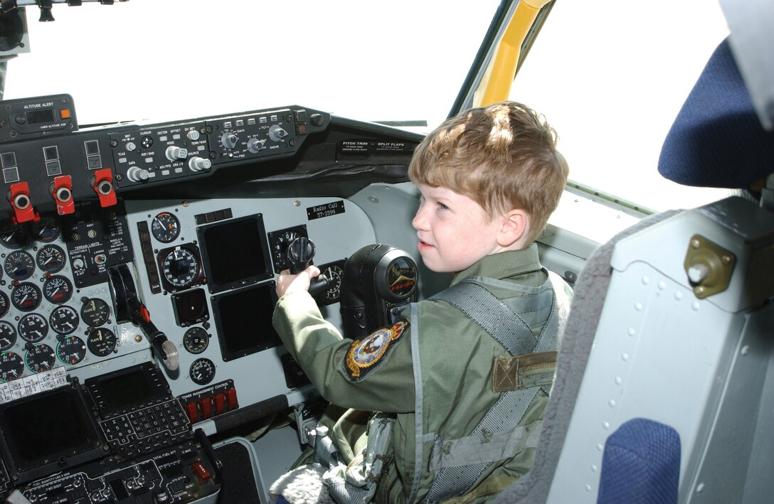 SEYMOUR JOHNSON AIR FORCE BASE, N.C. -- Evan Moriarty gets pilot training in a KC-135 Stratotanker from 916th Air Refueling Wing Airmen here April 15.  The jet was a stop during the daylong tour he and his family made around base as he experienced a day as a pilot.  (U.S. Air Force photo by Airman 1st Class Micky Bazaldua)