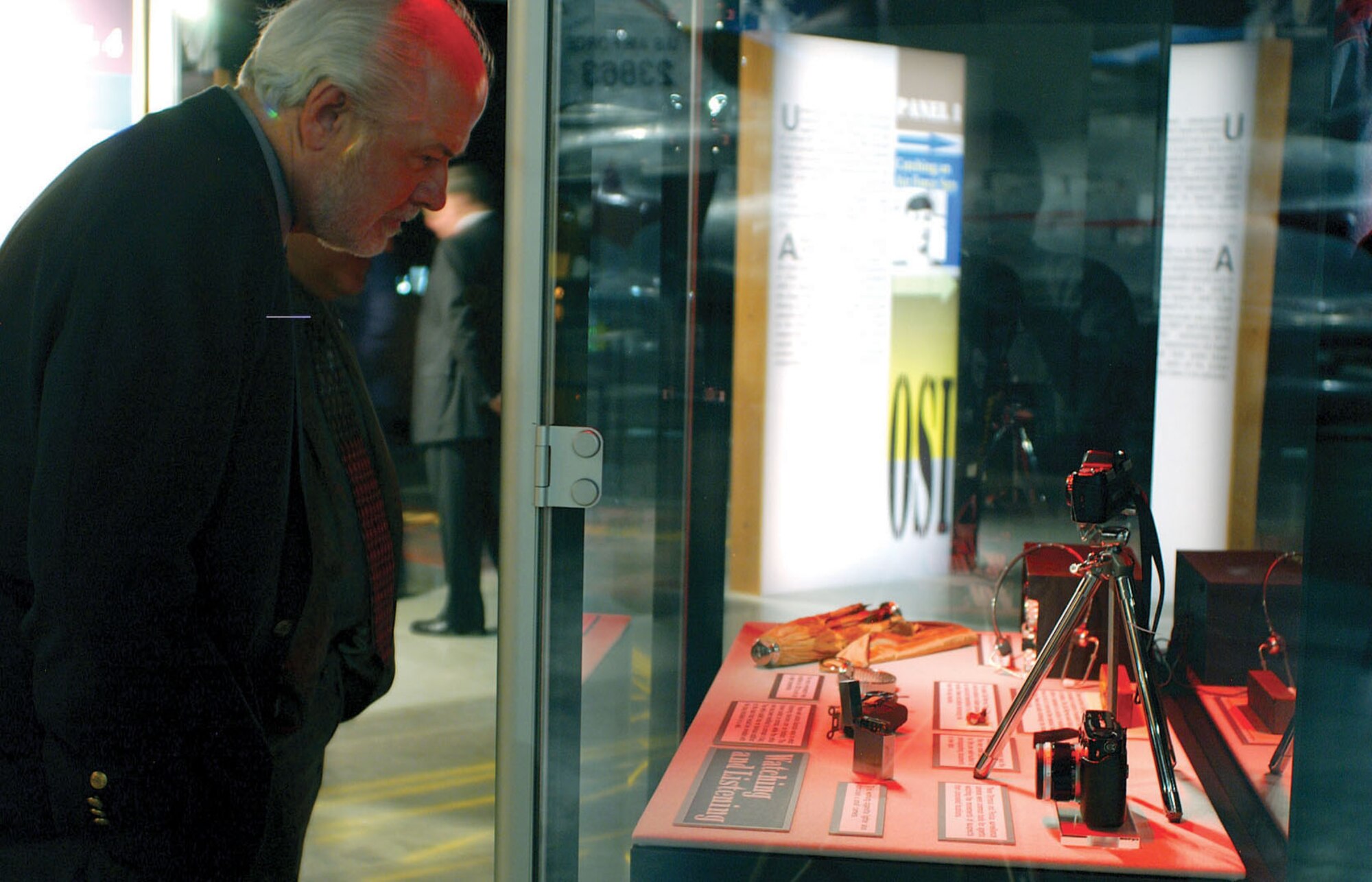 DAYTON, Ohio -- A new exhibit featuring the Air Force Office of Special Investigations opened at the National Museum of the U.S. Air Force here April 20.  The exhibit highlights notable OSI tasks such as counterintelligence, responding to espionage and investigating terrorist attacks.  A disguise kit, surveillance cameras, electronic listening devices and a wristwatch modified to act as a radio transmitter are some of the items used by OSI agents that are featured in the display.  (U.S. Air Force photo by Jeff Fisher)