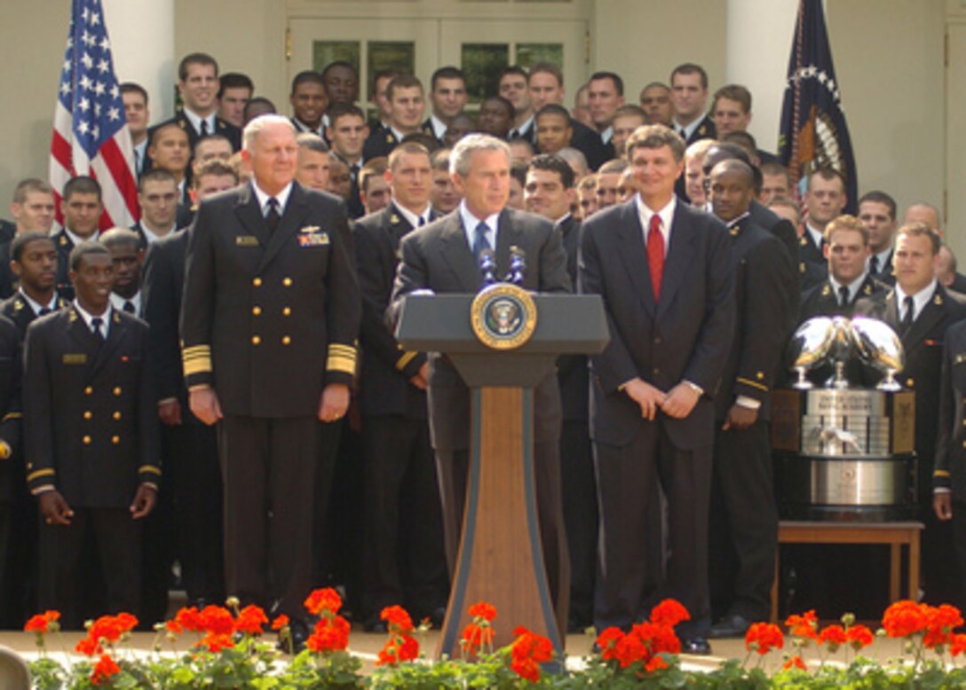 President George W Bush Delivers His Remarks During The Presentation 