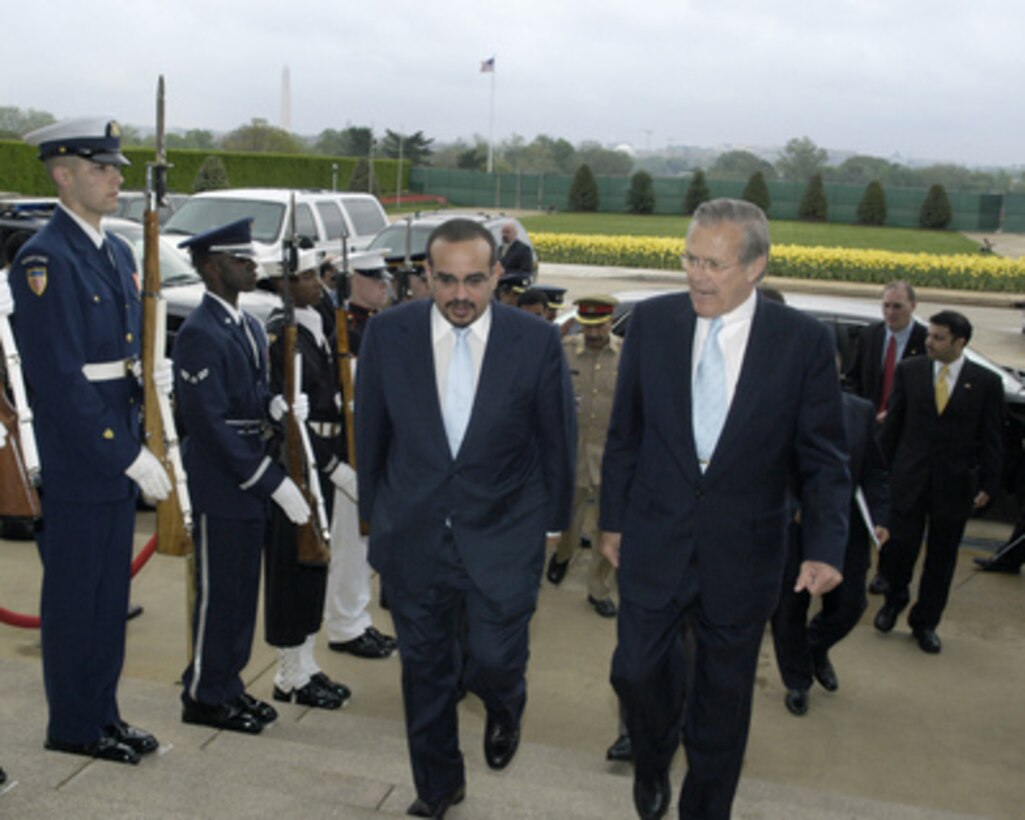 Secretary of Defense Donald H. Rumsfeld (right) escorts Crown Prince and Commander of Defense Forces of Bahrain Shaikh Salman bin Hamad bin Isa Al-Khalifa into the Pentagon on April 22, 2005. Rumsfeld and Al-Khalifa will meet to discuss defense issues of mutual interest. 